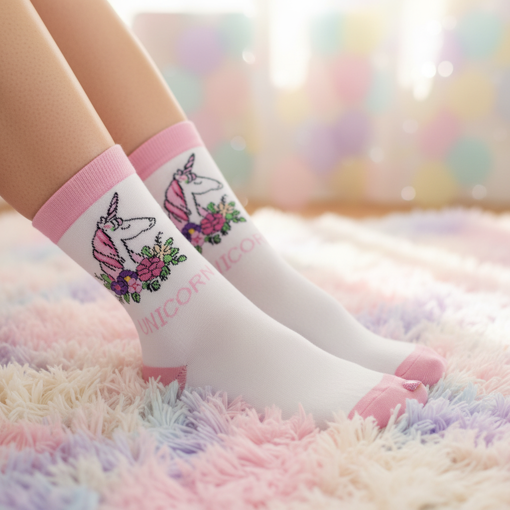 Someone sits on a pastel fluffy rug, wearing unisex Pink Unicorn Socks with pink trim, flowers, a unicorn graphic, and "UNICORN" text.