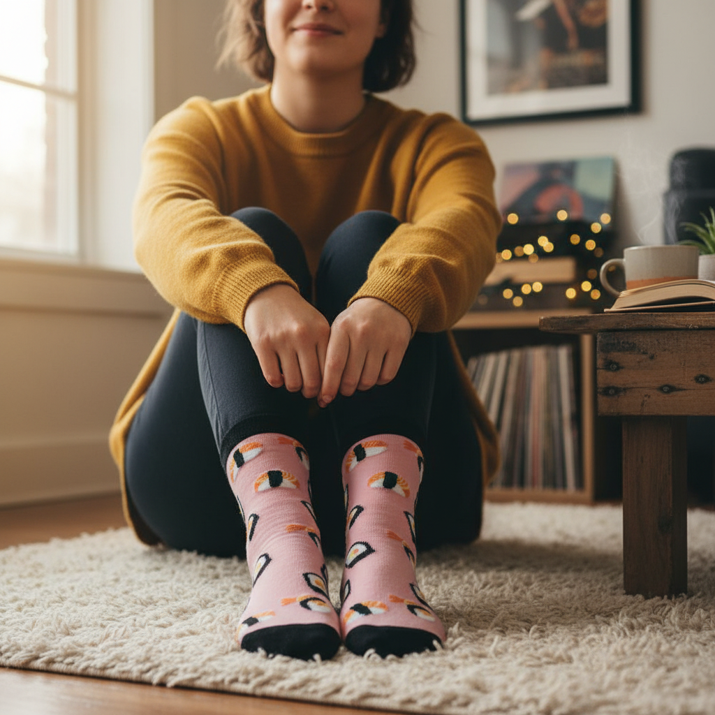 Queer person sits cross-legged on a beige rug in bright Sushi Socks, hands on knees; coffee table, framed art, and string lights behind.
