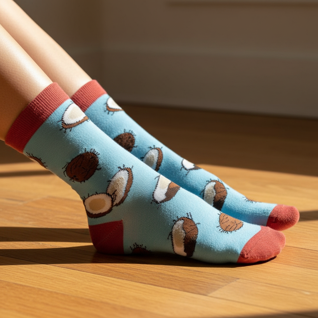 Feet in bold, unisex Coconut Socks—blue and red with quirky coconut graphics—relax on sunlit wood floor, celebrating queer style.