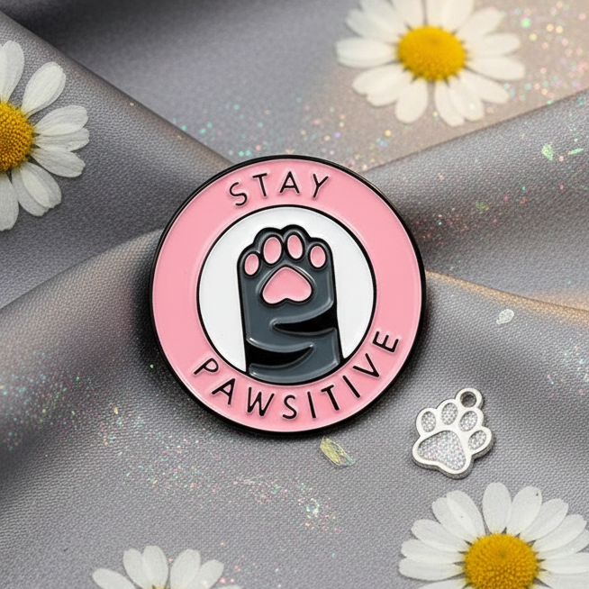 Close-up of pink enamel pin reading “STAY PAWSITIVE” with a black paw print
