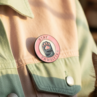 Pink Stay Pawsitive enamel pin with a raised paw design on a green utility jacket