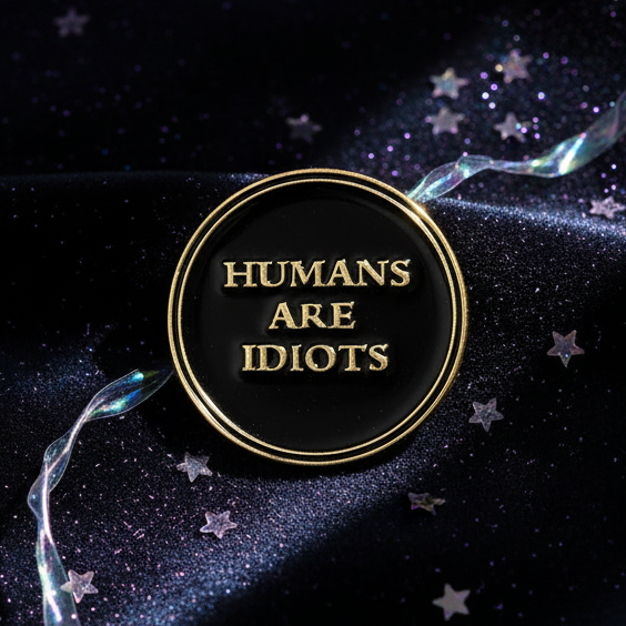 HUMANS ARE IDIOTS Enamel Pin: A bold black medallion with gold edges and lettering, wrapped in a sheer ribbon, set against a starry background, celebrating fierce pride and self-expression.