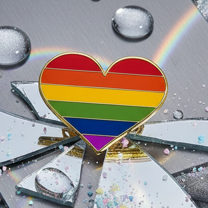 Heart-shaped LGBT Pride Heart Enamel Pin with rainbow stripes, elegantly displayed on shimmering fabric, surrounded by glittered mirror shards. This vibrant pin embodies pride and self-expression, reflecting joyful queer empowerment.