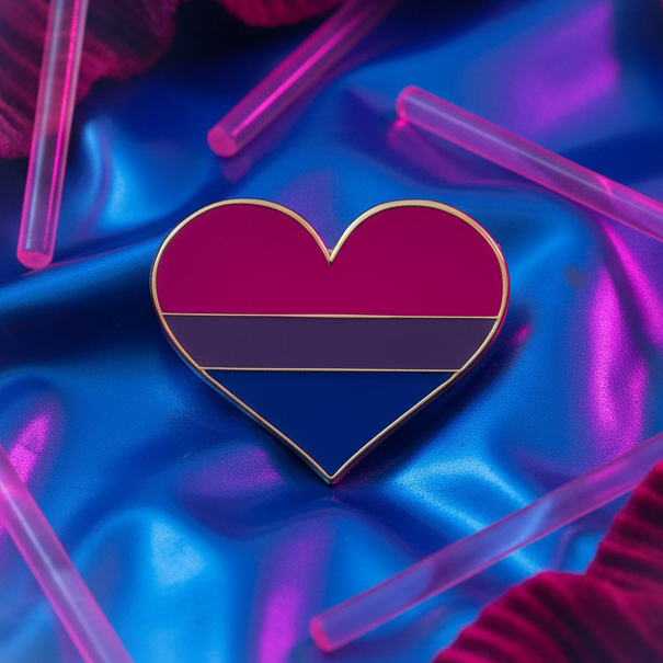Bisexual Pride Heart Enamel Pin featuring vibrant pink, purple, and blue stripes, framed by gold, on a glossy blue background with red-magenta fabric accents, celebrating joyful queer identity and self-expression.