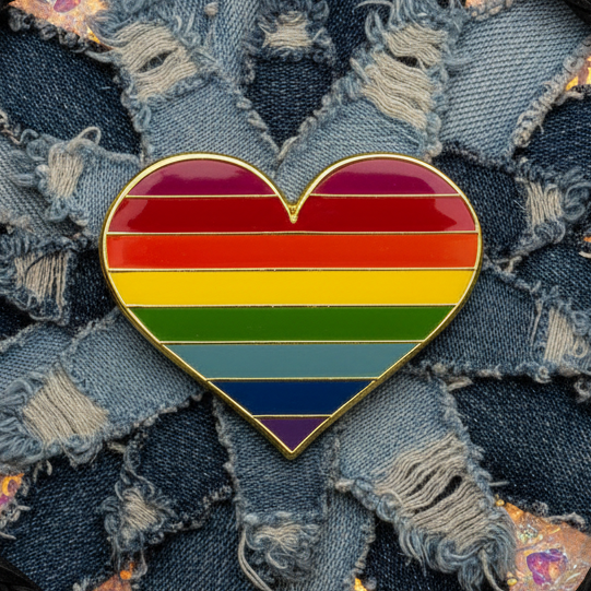 LGBT Pride Heart Enamel Pin with rainbow stripes shines atop denim starburst, encircled by iridescent fragments and braided cord, embodying bold queer pride and self-expression.