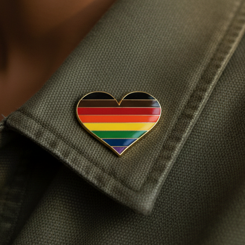 LGBT POC Pride heart pin with horizontal rainbow stripes on a dark fabric pocket