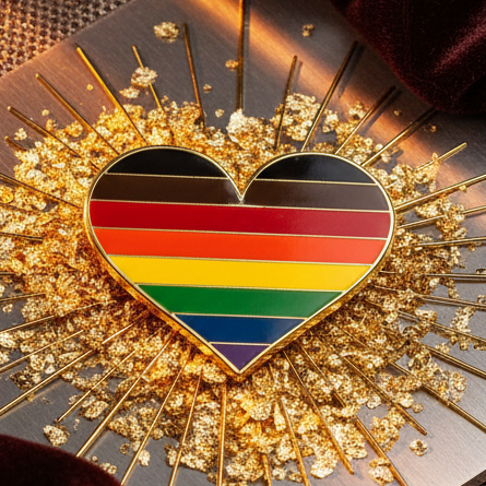 LGBT POC Pride Heart Pin with rainbow stripes and a black top, set in a radiant gold sunburst. It symbolizes empowerment and pride, framed by luxurious velvet, celebrating queer visibility and self-expression.