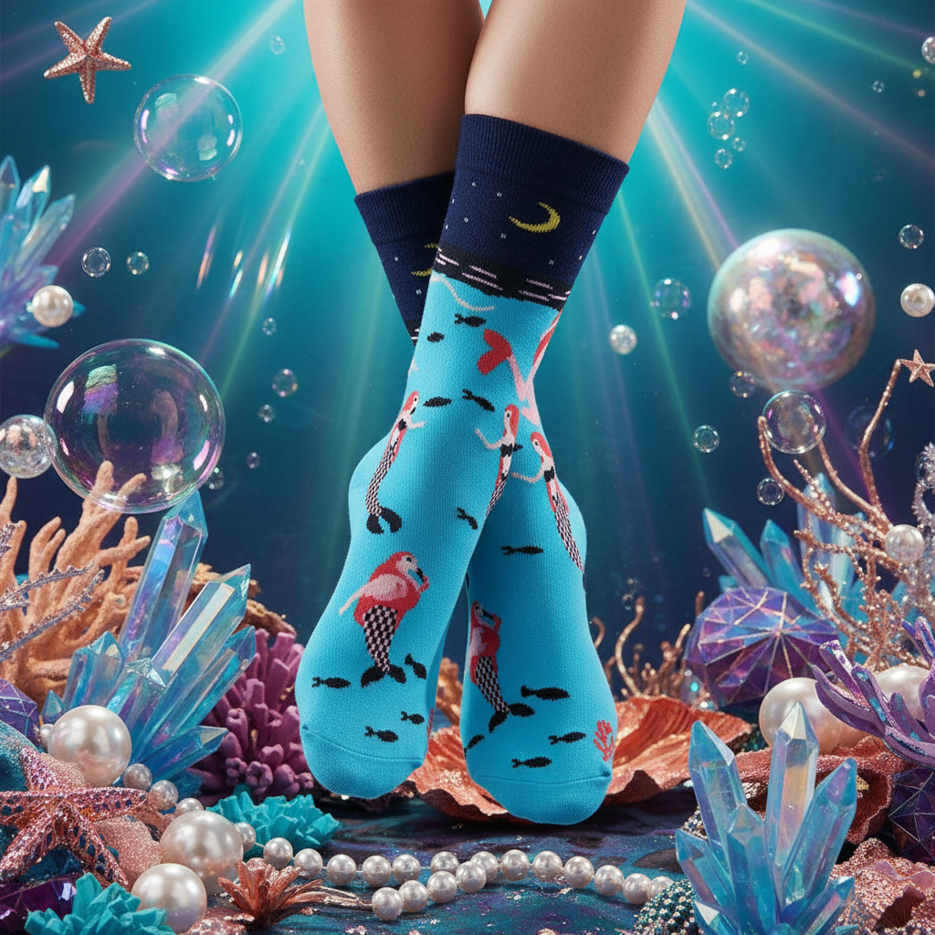 Unisex Mermaid Socks, blue with pink mermaids, fish, and sea plants, above a teal underwater scene of crystals, shells, and orbs.