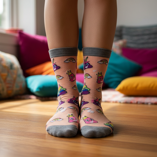 Peach crew socks with gray cuffs and colorful crowned poop and rainbow prints