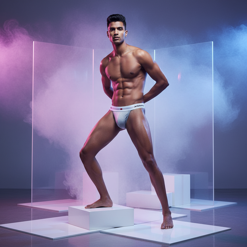Model wearing a white cotton jockstrap with a supportive pouch and branded waistband
