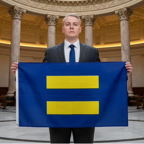 Equal Human Rights flag with two yellow horizontal bars on blue, held by a suited person