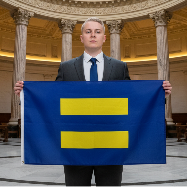 Person in a suit holds the Equal Human Rights Pride Flag, a vibrant blue banner with yellow bars, symbolizing equality, made from durable SuperTex fabric with brass grommets, celebrating LGBTQIA+ pride and visibility.