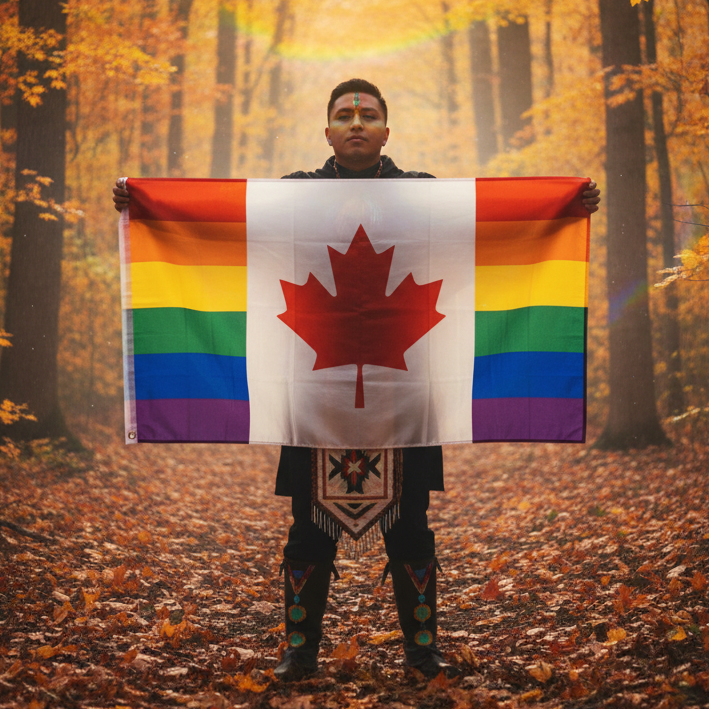 A person holding the Canada Gay Pride Flag with a red maple leaf and rainbow stripes, standing in traditional regalia amidst an autumnal forest, celebrating queer inclusivity and self-expression.