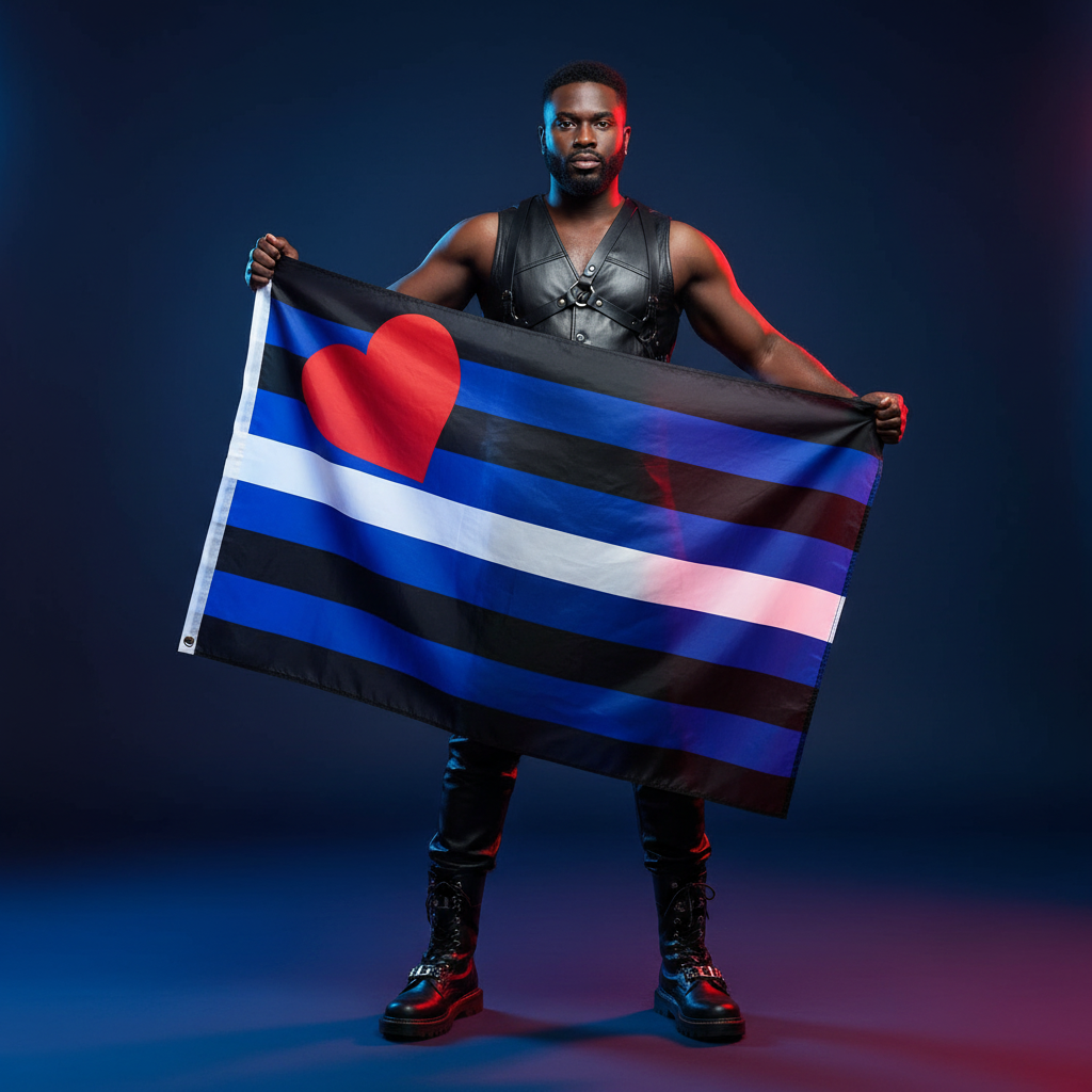 Person holding a Gay Leather Pride Flag, featuring black, blue, and white stripes with a red heart, symbolizing strength, desire, and love. The person wears a black leather harness and boots.