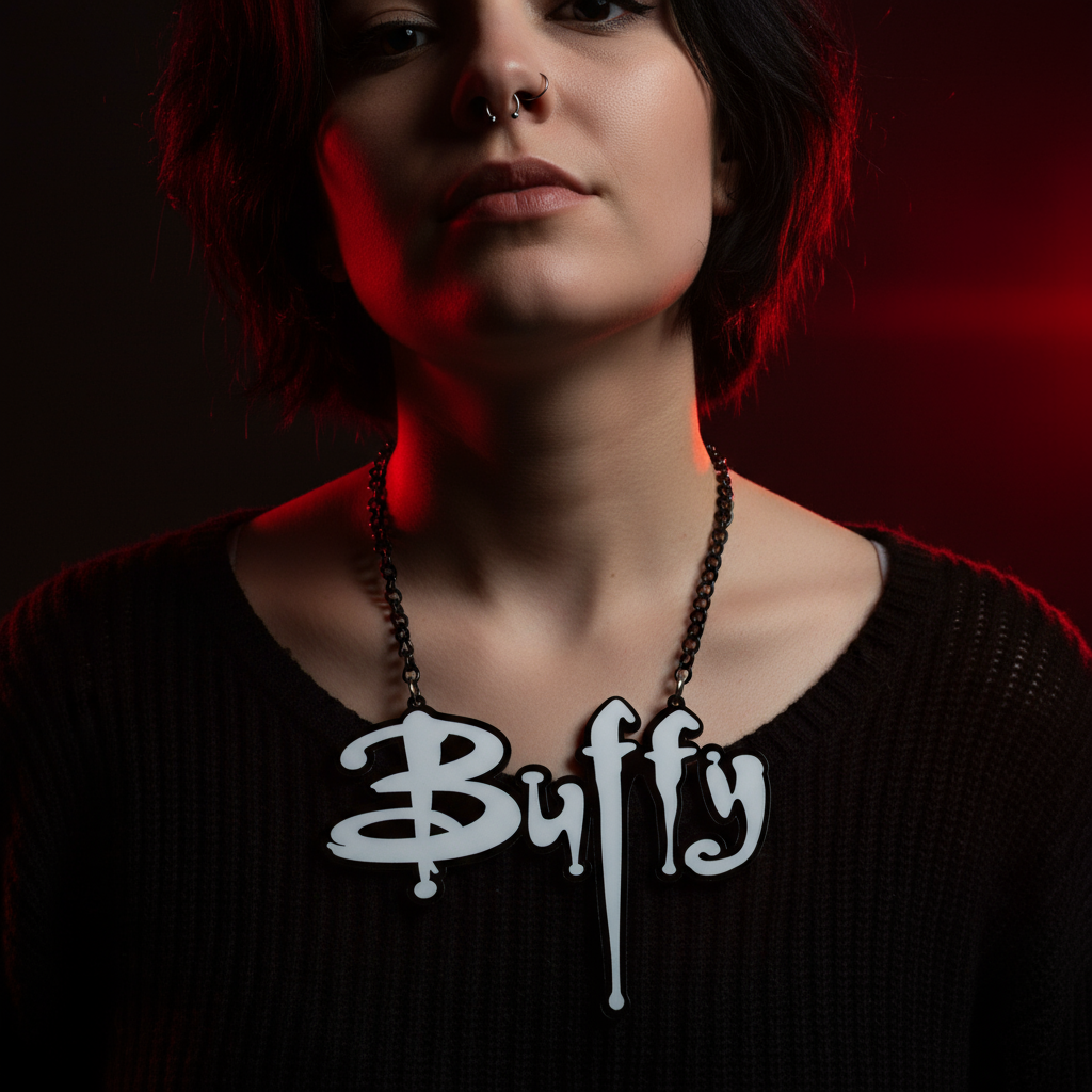 Buffy acrylic statement necklace with black chain and white “Buffy” pendant, worn close-up