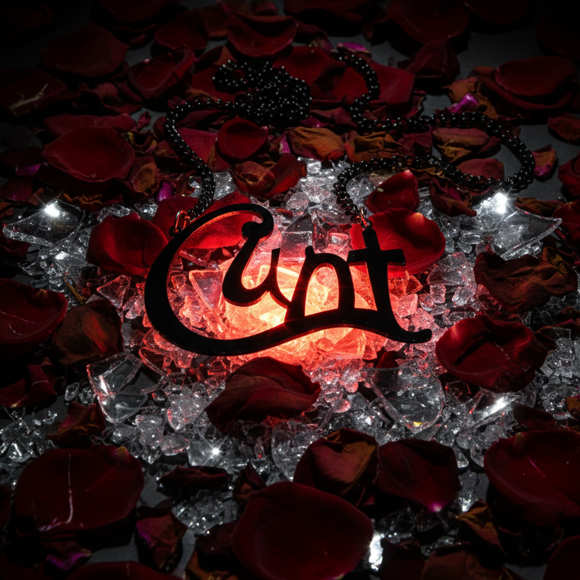 Black acrylic “Cunt” statement necklace among red rose petals and clear glass crystals