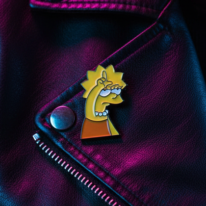 Lisa Simpson loser enamel pin attached to a black leather-look jacket