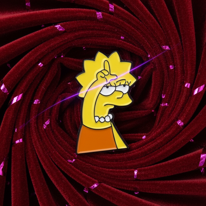 Lisa Simpson's Loser Enamel Pin features a fierce Lisa gesturing L for loser, set against a vibrant backdrop, embodying bold, queer pride and self-expression.