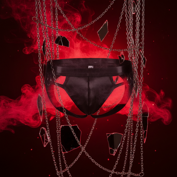 Close-up of a black cutout jockstrap with ring hardware, chains and red smoke