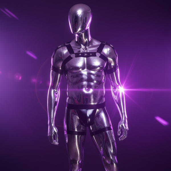 Black chest harness and jockstrap worn by a reflective mannequin under purple lighting