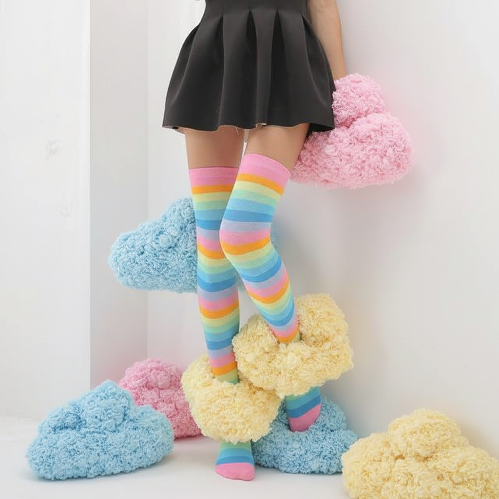 Model wearing rainbow-striped knee-high socks with pastel cloud props and a black skirt