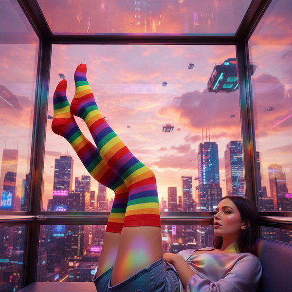 Rainbow-striped knee-high socks worn with legs raised against a futuristic city skyline