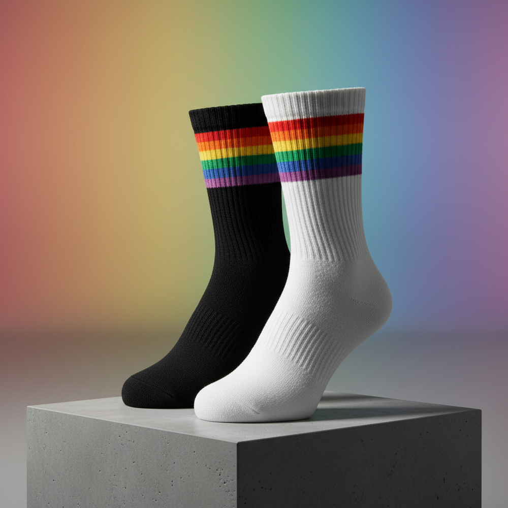 Black and white crew socks with rainbow Pride stripes on a concrete pedestal