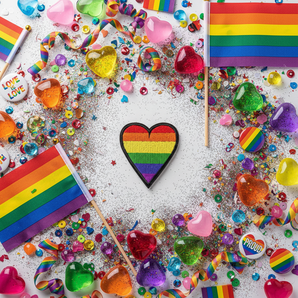 LGBT Pride Heart Iron On Embroidered Patch with rainbow flags, heart gems, confetti, and “Proud” and “Love is Love” buttons.
