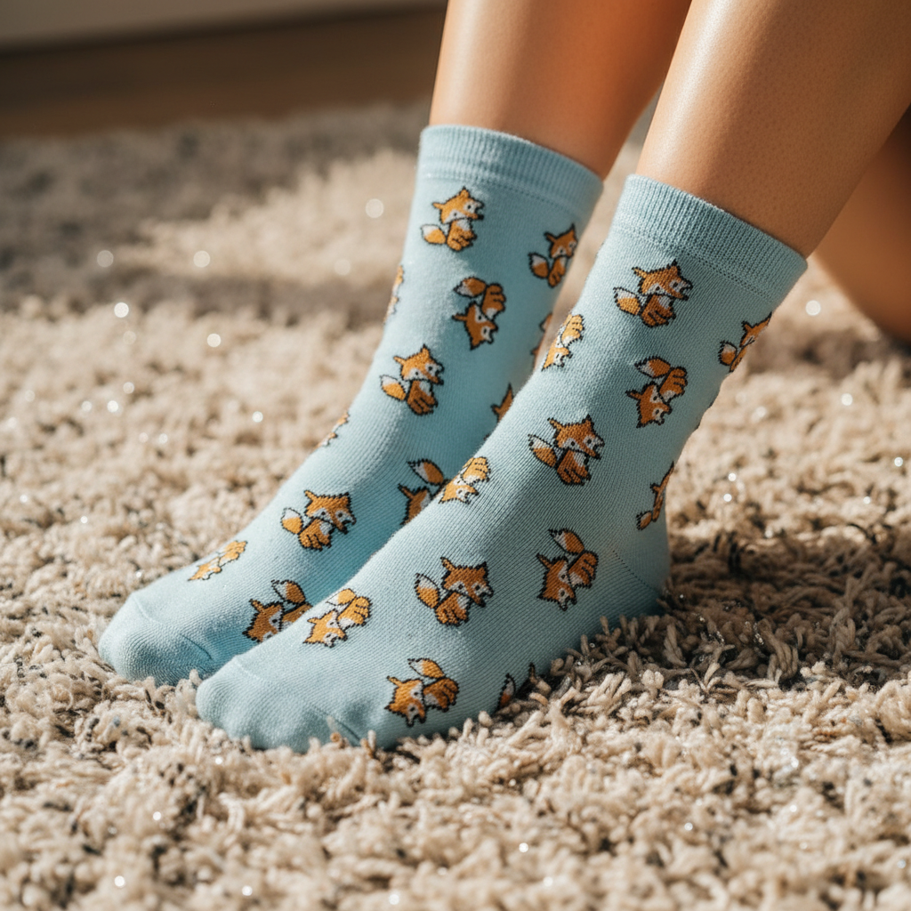 Light blue unisex Cute Fox Socks with orange cartoon foxes on feet, cozy and playful, shown resting on beige carpet in sunlight.
