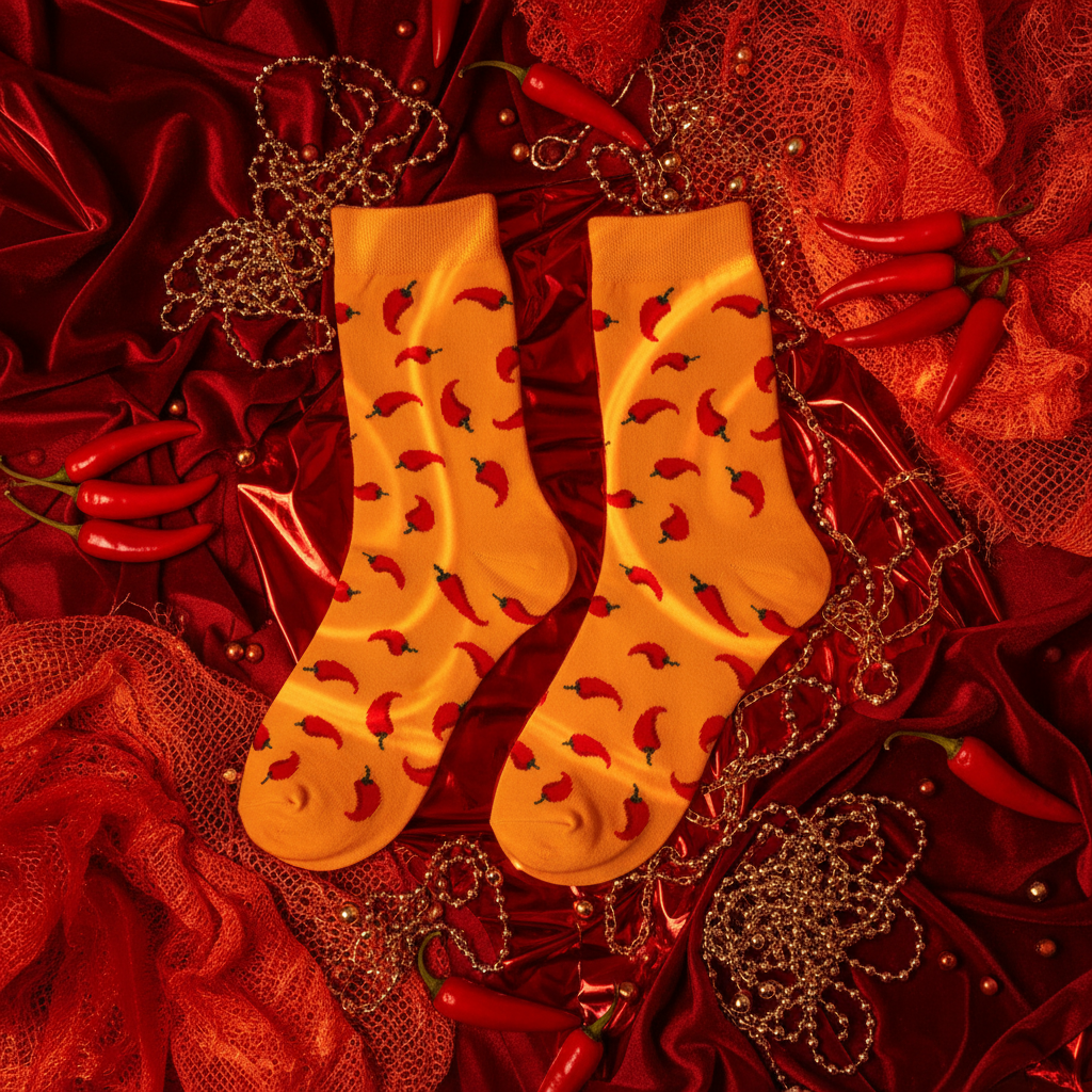 Yellow unisex Hot Chilli Socks with red chili pepper pattern on red satin, surrounded by gold beads, red lace, and real peppers.