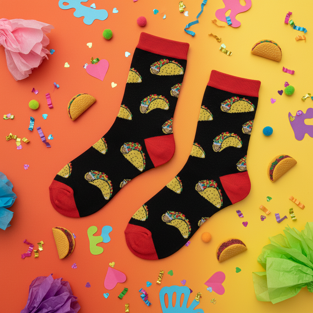 Black unisex Taco Socks with red toes and heels, taco prints, laid flat on orange-yellow amid tacos, confetti, tissue, pom-poms.
