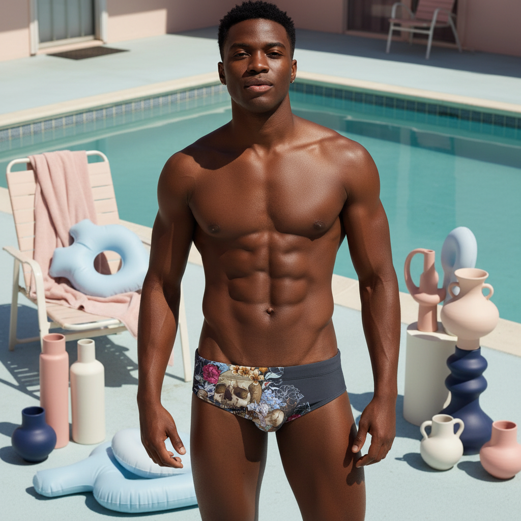 Floral skull swim briefs worn by a model beside a swimming pool