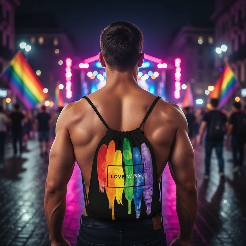 Love Wins LGBT black drawstring bag on man's back at night; rainbow flags, pride stage with pink and blue lights in background.