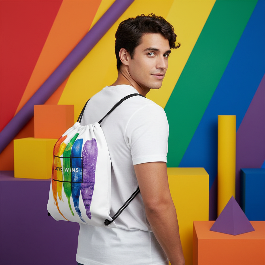Love Wins LGBT drawstring bag with bold rainbow paint strokes and “LOVE WINS” slogan, worn by a guy against a bright queer backdrop.