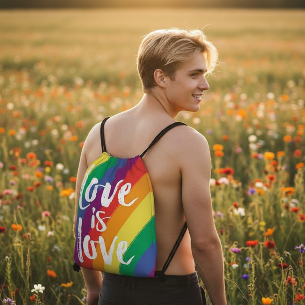 Love Is Love LGBT Drawstring Bag" slung over a shirtless young man's shoulder in a wildflower field, beaming with queer joy.