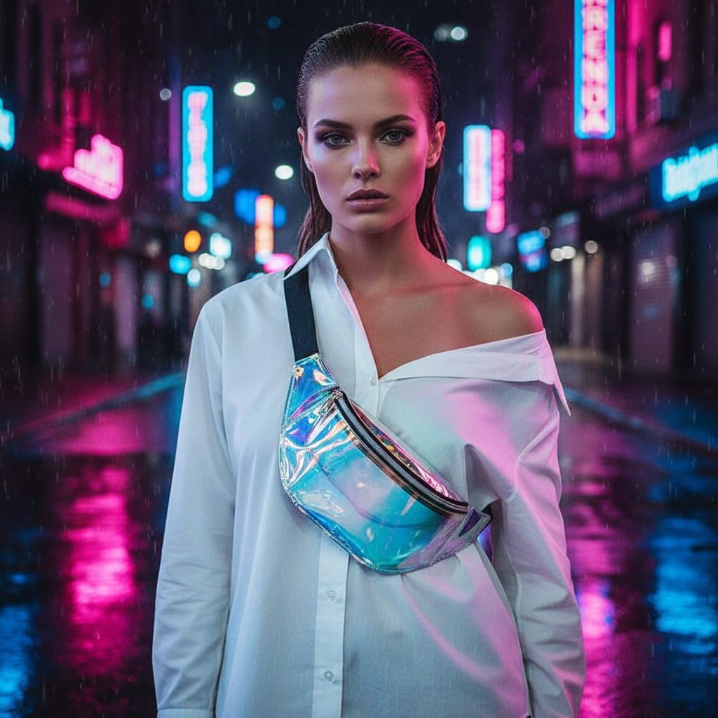 Model wearing a translucent iridescent fanny pack with a black zipper in a neon-lit rainy street