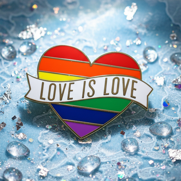 Rainbow heart enamel pin with a white “LOVE IS LOVE” banner on a glittery blue background