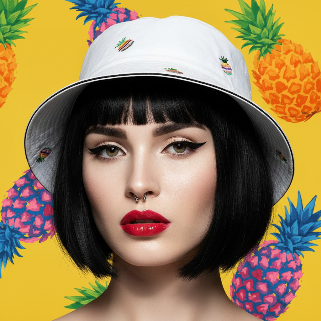 Rainbow Pineapple Printed Fisherman Hat rocked by a femme with black bob, bold red lip, winged liner, and septum; on a sunny yellow backdrop with rainbow pineapple vibes.