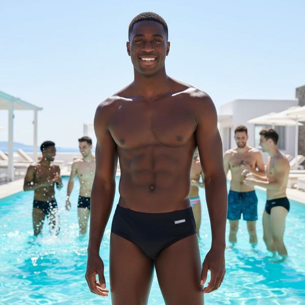 A man in black Jockmail Classic Low Waist Swim Briefs smiles poolside; five men in swim trunks chat and splash under sunny skies.