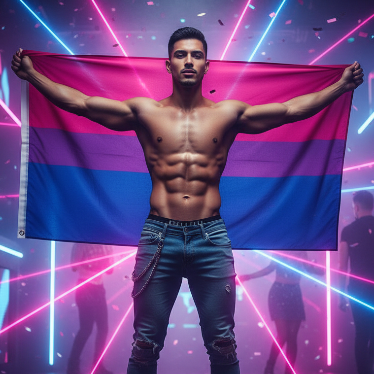 At a neon-lit club, a shirtless model holds a bisexual pride flag behind him.