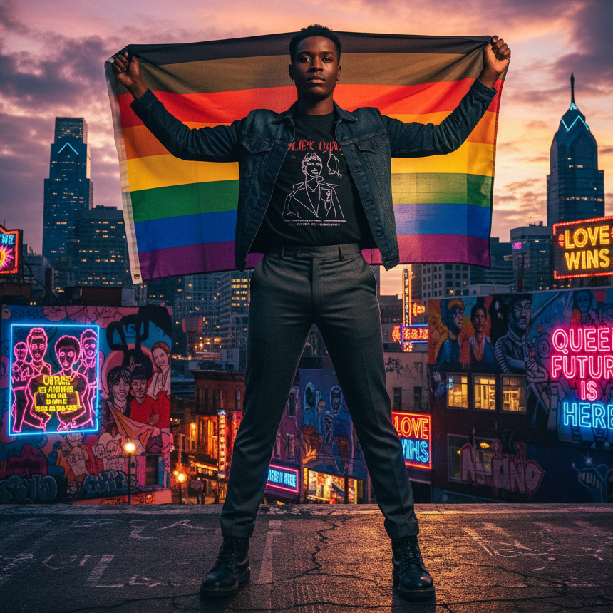 Person standing on rooftop at dusk, draped in Philadelphia Pride Flag with added black and brown stripes, against vibrant neon cityscape celebrating queer identity with signs and graffiti, embodying empowerment and visibility.