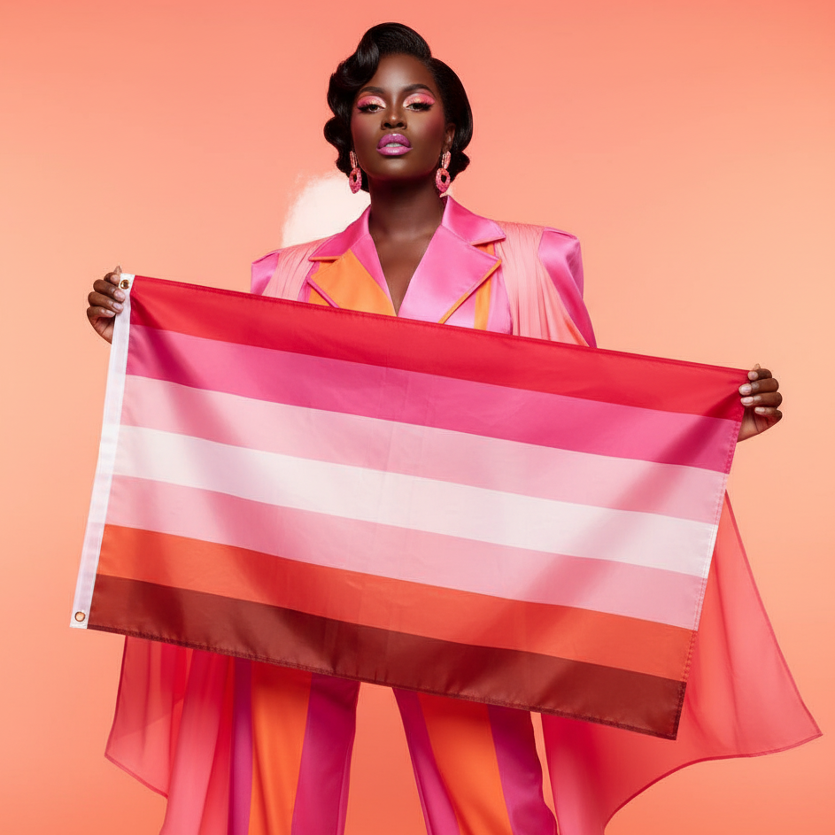 A person proudly displays the vibrant Lesbian Pride Flag, featuring bold red, pink, and white stripes, embodying empowerment and visibility in a striking pink and orange suit.
