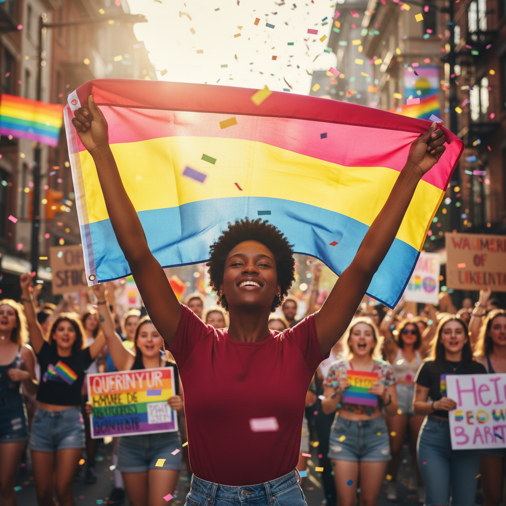 A joyful parade scene, featuring the Pansexual Pride Flag with bold pink, yellow, and blue stripes, celebrated by a smiling participant amidst a colorful, diverse crowd, embodying inclusive, empowering queer visibility.