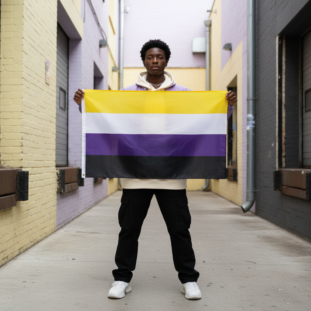 A person holds the vibrant Non-Binary Pride Flag in a pastel alley, showcasing bold yellow, white, purple, and black stripes. Their lavender jacket and confident stance embody queer pride and visibility.