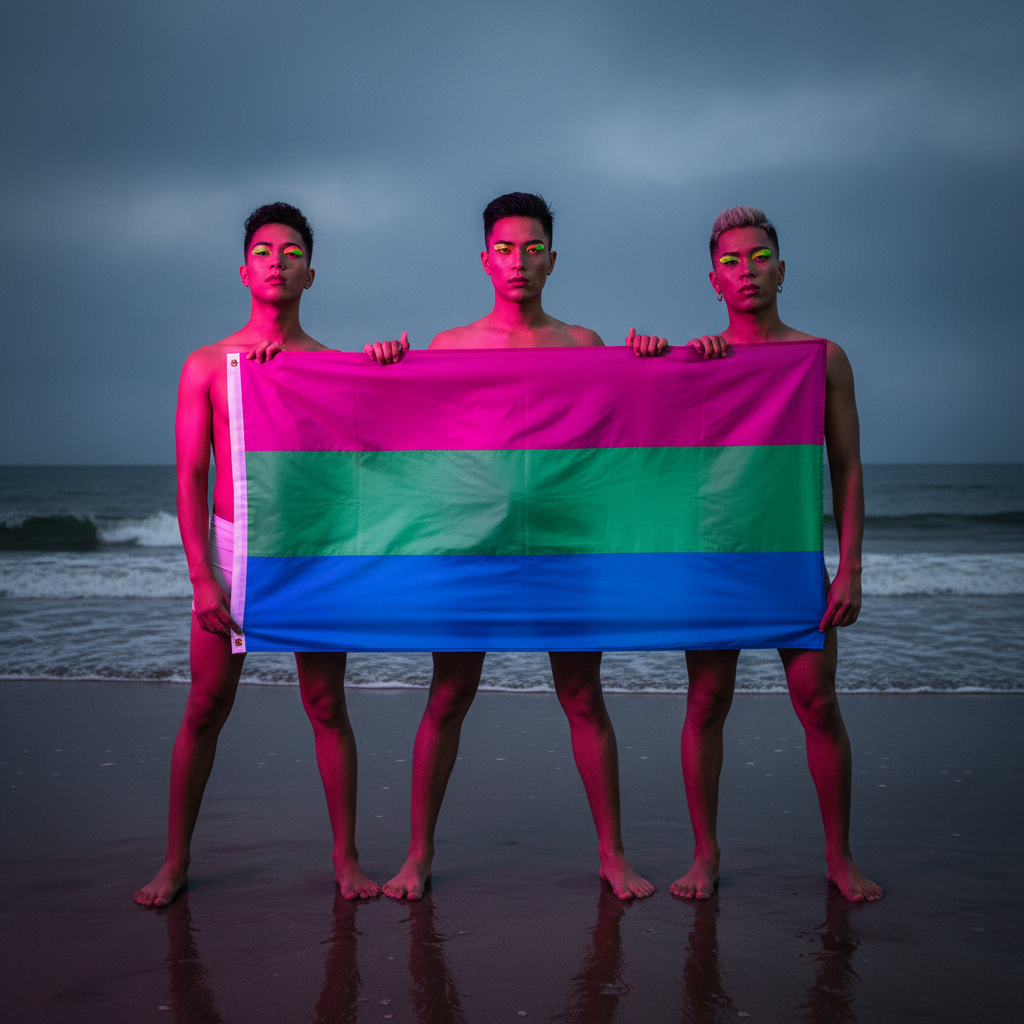 Three young adults stand barefoot on the beach at dusk, holding the Polysexual Pride Flag. The flag's pink, green, and blue stripes reflect pride, freedom, and fluidity, embodying bold queer energy.