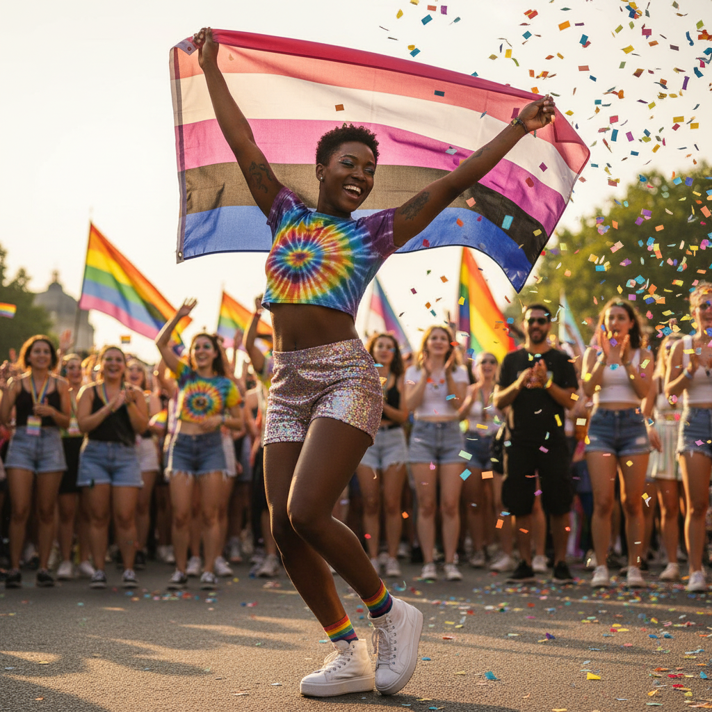 A joyful person dances with a Genderfluid Pride Flag, its vivid pink, white, purple, black, and blue stripes embodying fluid identity and queer self-expression amid a vibrant parade scene.