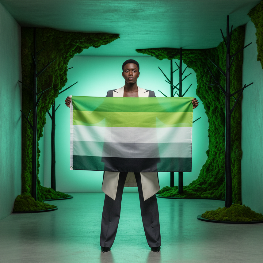 Person in a stylish two-tone suit holds the Aromantic Pride Flag, showcasing its green, white, gray, and black stripes. This vibrant flag embodies pride, self-love, and non-romantic connections, celebrating queer identity.