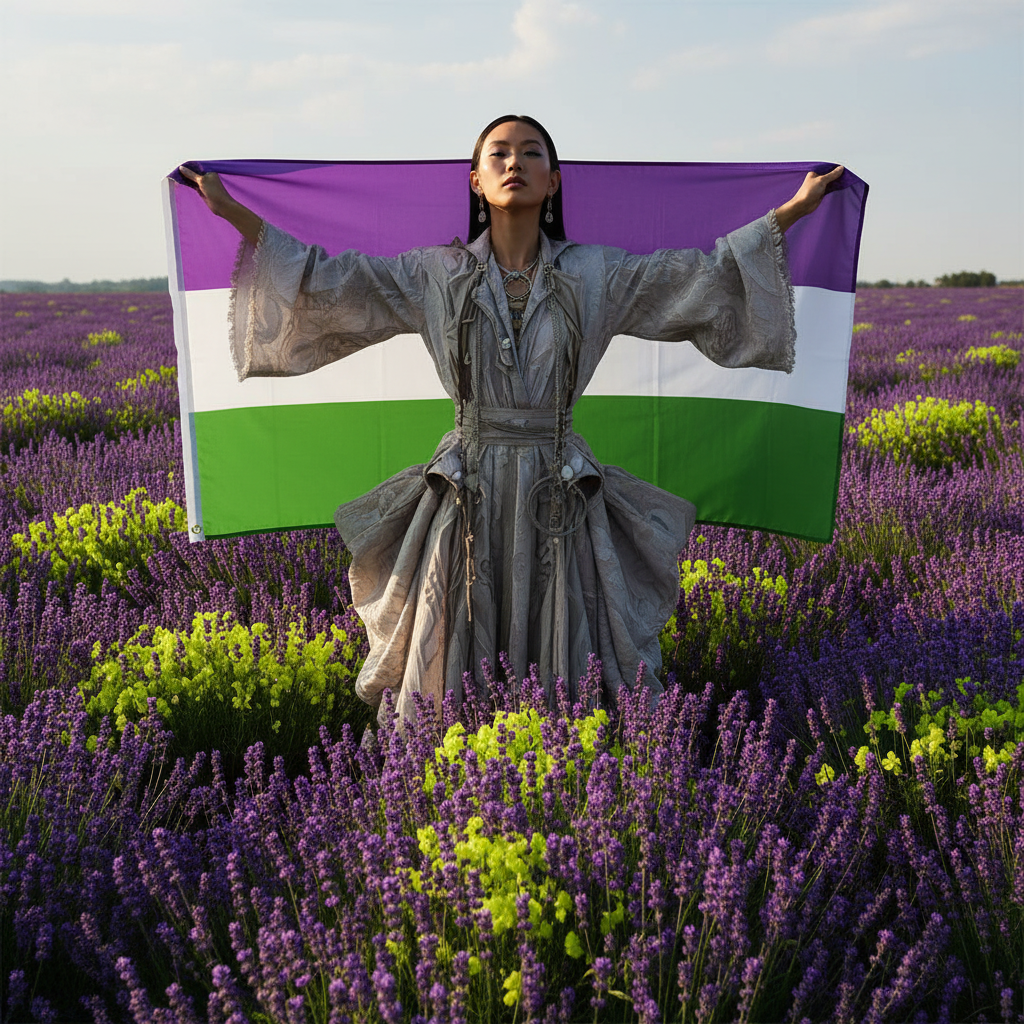 A person in a flowing dress holds the Genderqueer Pride Flag aloft amid a lavender field, showcasing vibrant purple, white, and green stripes, symbolizing limitless gender identity and self-expression.