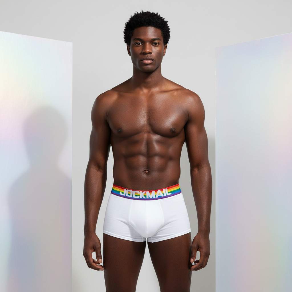 White boxer briefs with a rainbow waistband and JOCKMAIL lettering, worn by a model