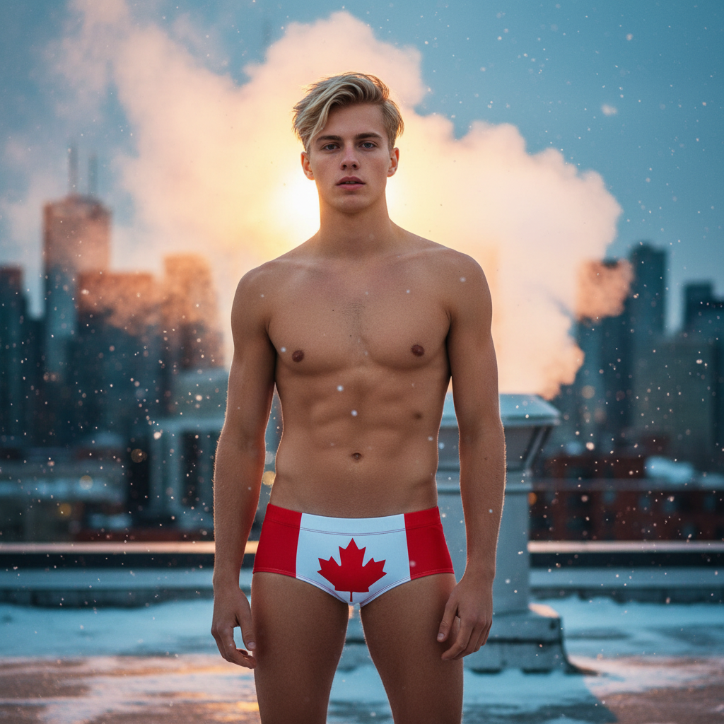 Shirtless man stands confidently in Canada Flag Swim Trunks, displaying bold queer pride amidst a snowy rooftop scene, embodying empowerment and self-expression with vibrant, sexy energy.